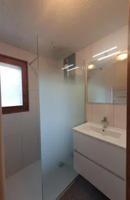 a bathroom with a sink and a glass shower at Le Panda in Les Carroz d'Araches