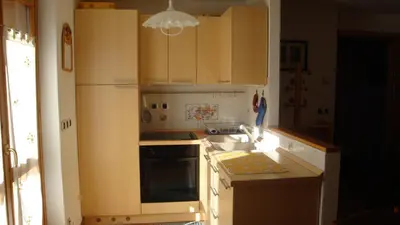 a kitchen with wooden cabinets and a sink at Appartement Les Clarines in Les Houches