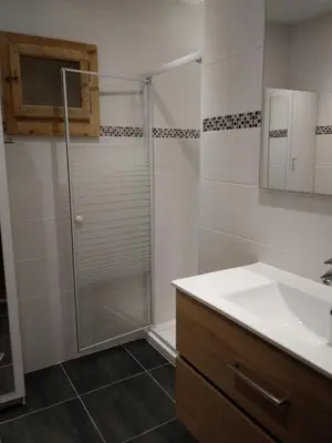 a bathroom with a shower and a sink at Le Si-près Pied des pistes in Les Carroz d'Araches