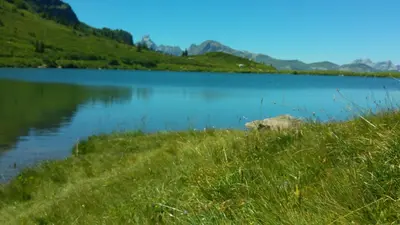 a view of a lake with grass and a mountain at Le Si-près Pied des pistes in Les Carroz d'Araches