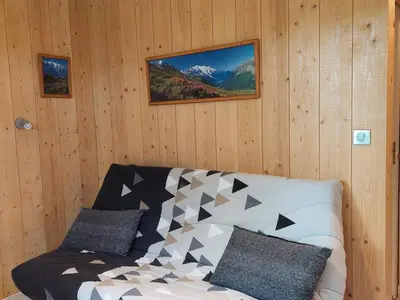 a living room with a couch in a wooden wall at Studio rénové 16m2, terrasse, animaux admis, parking, près télécabine Brévent - FR-1-517-3 in Chamonix-Mont-Blanc