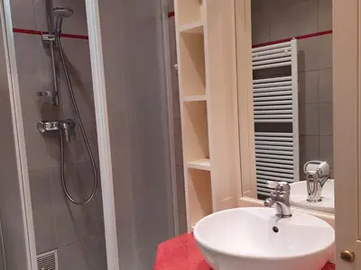a bathroom with a sink and a shower at Studio rénové 16m2, terrasse, animaux admis, parking, près télécabine Brévent - FR-1-517-3 in Chamonix-Mont-Blanc
