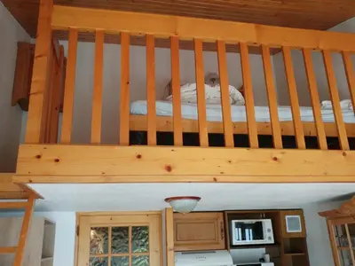 a loft bed in a log cabin at Appartement à Chamonix avec Balcon, Animaux Acceptés et Parking - FR-1-517-12 in Chamonix-Mont-Blanc