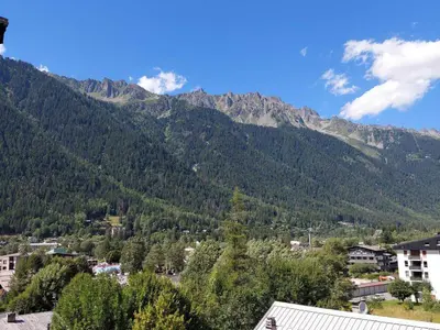a view of a mountain with trees and buildings at Beau 3 pièces spacieux avec parking proche du Mont Blanc - 6 pers. - FR-1-517-15 in Chamonix-Mont-Blanc