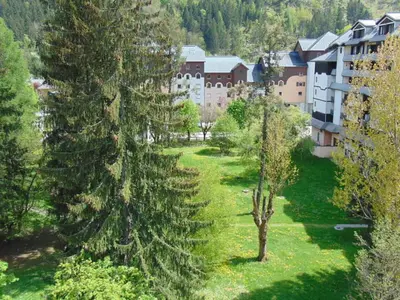 an aerial view of a park with trees and a building at Charmant 2 Pièces Chamonix, 4 Pers, Animaux Ok, Parking - FR-1-517-18 in Chamonix-Mont-Blanc