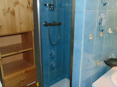 a bathroom with a shower with a blue tile wall at Studio convivial en zone piétonne avec animaux admis, balcon - Chamonix - FR-1-517-23 in Chamonix-Mont-Blanc