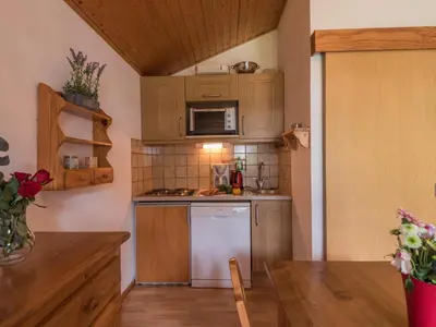 a small kitchen with a stove and a refrigerator at 2 Pièces à Chamonix, Vue Mont-Blanc, Animaux admis, Parking - FR-1-517-26 in Chamonix-Mont-Blanc