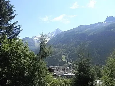 a view of a town in a mountain valley at Studio lumineux 3 pers, animaux admis, parking - FR-1-517-27 in Chamonix-Mont-Blanc