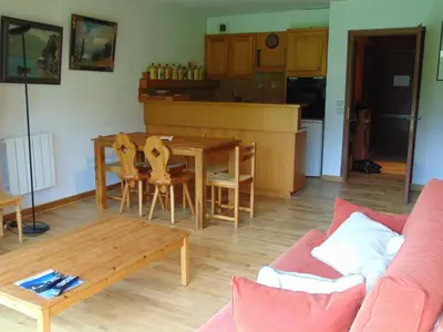 a living room with a couch and a table at Charmant 3 pièces avec terrasse, parking, 6 couchages - Chamonix - FR-1-517-38 in Chamonix-Mont-Blanc