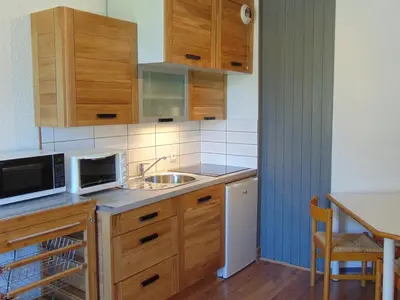 a kitchen with a sink and a microwave at 2 Pièces Sud-Est Chamonix, Parking & Animaux admis - FR-1-517-54 in Chamonix-Mont-Blanc