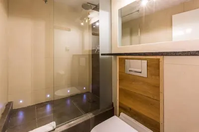 a bathroom with a toilet and a shower at Apartment Genevrier - Spacious Balcony with Mont Blanc Views in Chamonix-Mont-Blanc