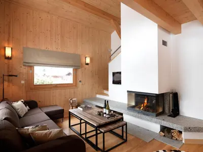a living room with a couch and a fireplace at Les Chalets des Liarets in Chamonix-Mont-Blanc