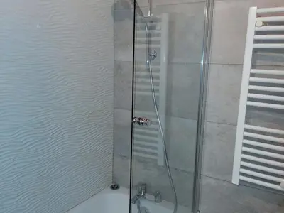 a shower with a glass door in a bathroom at Superbe 3 pièces Chamonix - Jardin privé - Parking - Animaux admis - FR-1-517-25 in Chamonix-Mont-Blanc