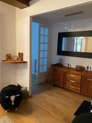 a living room with a black cat laying on the floor at Mont Blanc Residence in Saint-Gervais-les-Bains