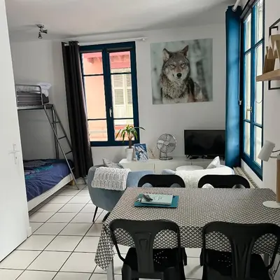 a living room with a wolf picture on the wall at Le Studio Alpin - Hyper centre Saint Gervais in Saint-Gervais-les-Bains