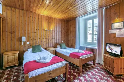 a bedroom with two beds and a television in it at Hotel Le Chamonix in Chamonix-Mont-Blanc