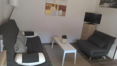 a living room with a couch and a chair and a tv at Studio centre Carroz CA210 in Les Carroz d'Araches