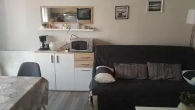 a living room with a couch and a microwave at Studio centre Carroz CA210 in Les Carroz d'Araches