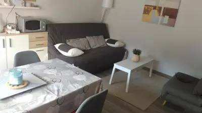 a living room with a couch and a table at Studio centre Carroz CA210 in Les Carroz d'Araches