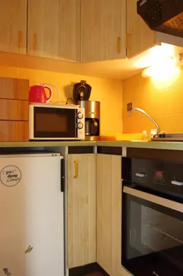 a kitchen with a microwave and a refrigerator at Studio 4 Pers (AM113) in Les Carroz d'Araches