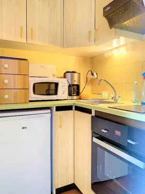 a kitchen with a microwave and a sink at Studio 4 Pers (AM113) in Les Carroz d'Araches