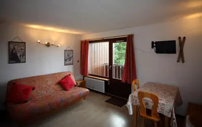 a living room with a couch and a window at AG005 - Studio coin montagne proche pistes in Les Carroz d'Araches