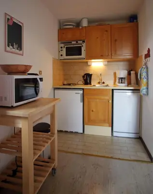 a small kitchen with wooden cabinets and a microwave at AG005 - Studio coin montagne proche pistes in Les Carroz d'Araches