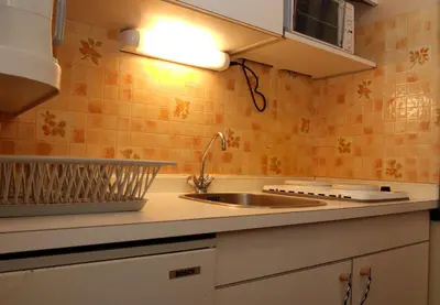 a kitchen with a sink and a counter top at CL349 - Studio 4 Pers centre des Carroz in Les Carroz d'Araches