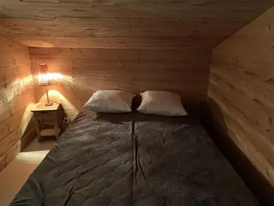 a bedroom with a bed in a wooden room at CX116 - Duplex 6 pers Pied de pistes in Les Carroz d'Araches
