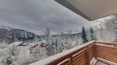 a balcony with snow covered trees and a mountain at GCF211 appartement 6 pers pied de piste in Les Carroz d'Araches