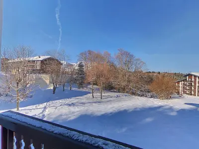 a balcony with snow on the ground and a house at OEI20 - Studio 4/5 Pers proche centre Carroz in Les Carroz d'Araches