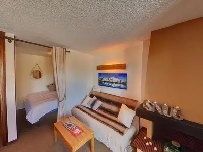 a living room with a couch and a bed at OEI20 - Studio 4/5 Pers proche centre Carroz in Les Carroz d'Araches