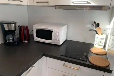a kitchen counter with a microwave and a stove at Eden Roc Grand Massif in Les Carroz d'Araches
