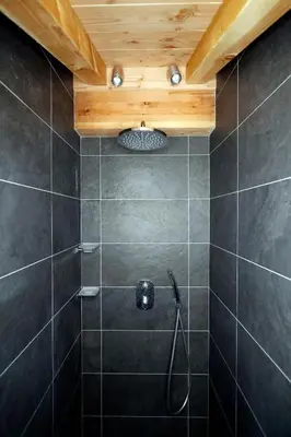 a bathroom with a shower with a wooden ceiling at Prestigious Chalet in Saint-Gervais-les-Bains