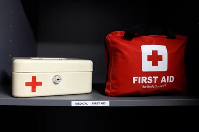 a first aid bag and a first aid box on a shelf at Prestigious Chalet in Saint-Gervais-les-Bains