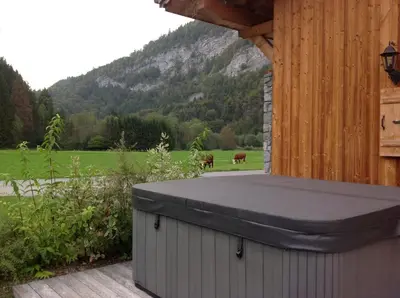 a hot tub on the deck of a cabin with horses in the field at L'Erine des Alpes SPA Chalet individuel grand confort in Sixt