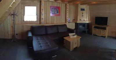 a living room with a couch and a television at L'Erine des Alpes SPA Chalet individuel grand confort in Sixt