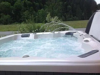 a hot tub with a water fountain in a truck at L'Erine des Alpes SPA Chalet individuel grand confort in Sixt