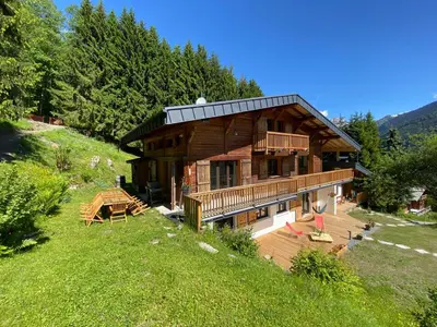 a large wooden house on a grassy hill at Chalet Mountain Vibes in Les Houches
