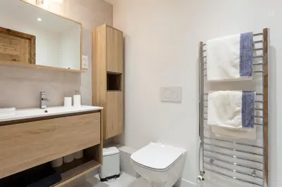 a bathroom with a toilet and a sink and a mirror at Apartment Brevent Fodera in Chamonix-Mont-Blanc