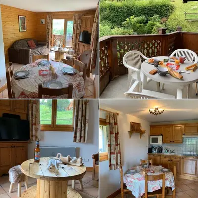a kitchen and a living room with a table at La clé des montagnes in Les Houches