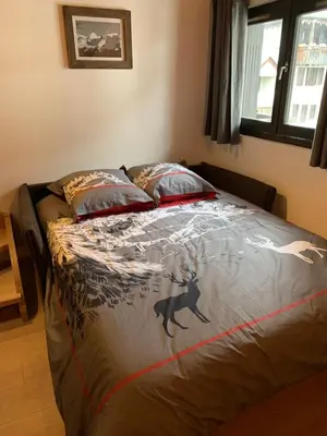 a bed in a bedroom with a dog on it at Le Mallory in Chamonix-Mont-Blanc