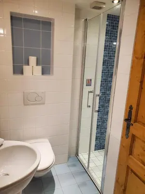 a bathroom with a shower and a toilet and a sink at Prachtig familie appartement voor 6 personen in het hart van Argentière, Chamonix Mont-Blanc in Chamonix-Mont-Blanc