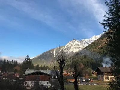 a view of a mountain with a town and trees at Charmant T2 Chamonix avec balcon, accepte animaux - FR-1-507-45 in Chamonix-Mont-Blanc