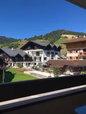 a view from a window of a town with buildings at Studio rénové dans le centre piéton de Megève in Megève