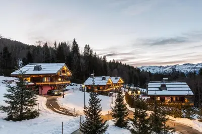 an aerial view of a ski lodge in the snow at Le Hameau du Renard Blanc in Saint-Gervais-les-Bains