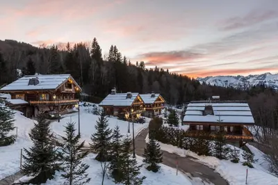 an aerial view of a lodge in the snow at Le Hameau du Renard Blanc in Saint-Gervais-les-Bains
