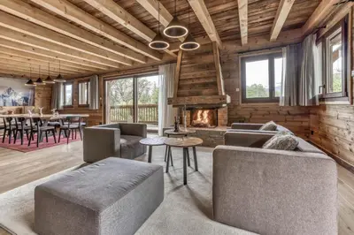 a living room with a couch and a fireplace at Le Hameau du Renard Blanc in Saint-Gervais-les-Bains