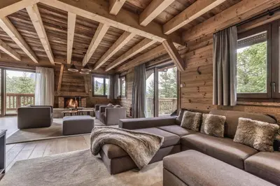 a living room with a couch and a fireplace at Le Hameau du Renard Blanc in Saint-Gervais-les-Bains
