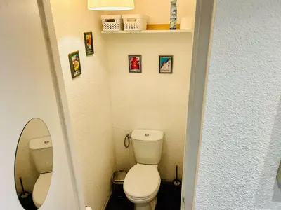 a small bathroom with a toilet and pictures on the wall at Appt cosy au centre de Chamonix in Chamonix-Mont-Blanc
